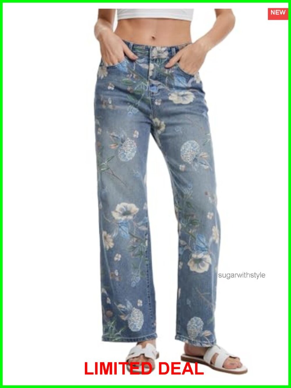 Vintage 90s Floral Wide Leg High Rise Stretchy Jeans Women Trendy